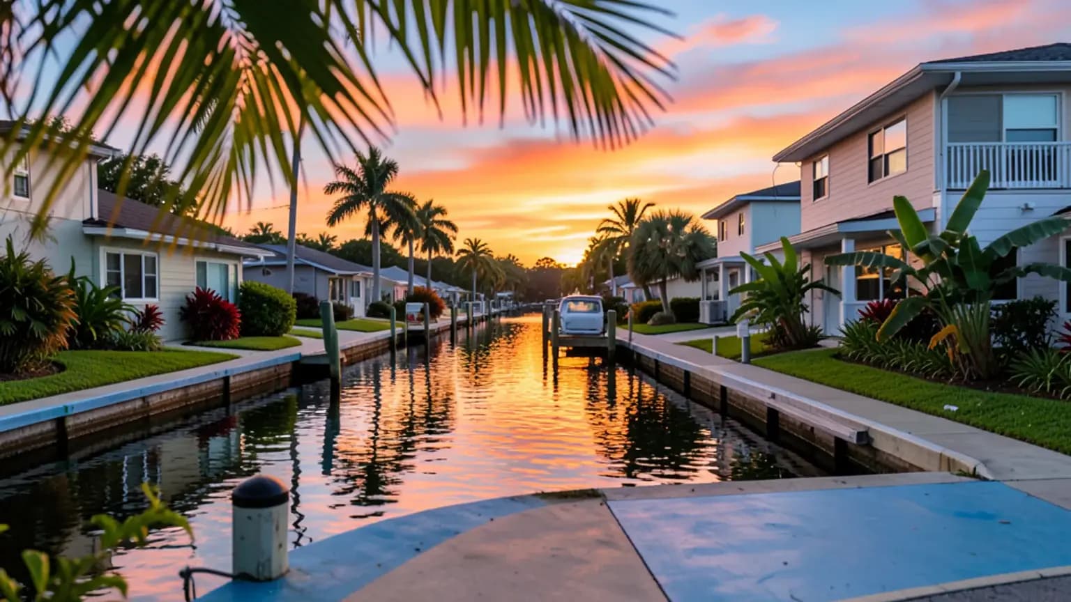 Florida canal at sunset. Atmospheric backdrop