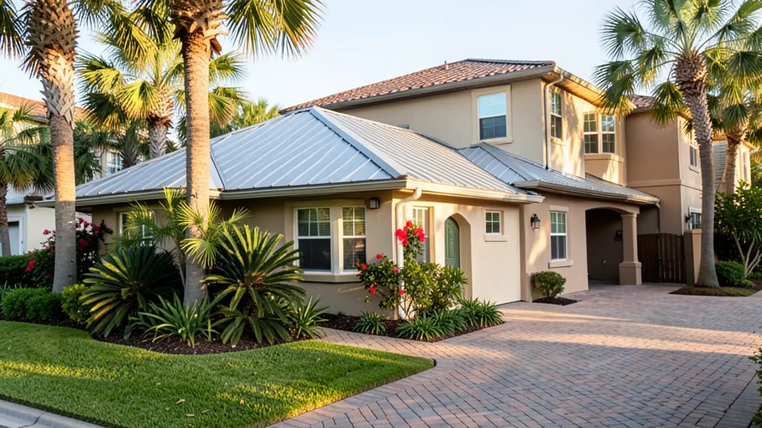 Casa mediterránea de Florida al atardecer