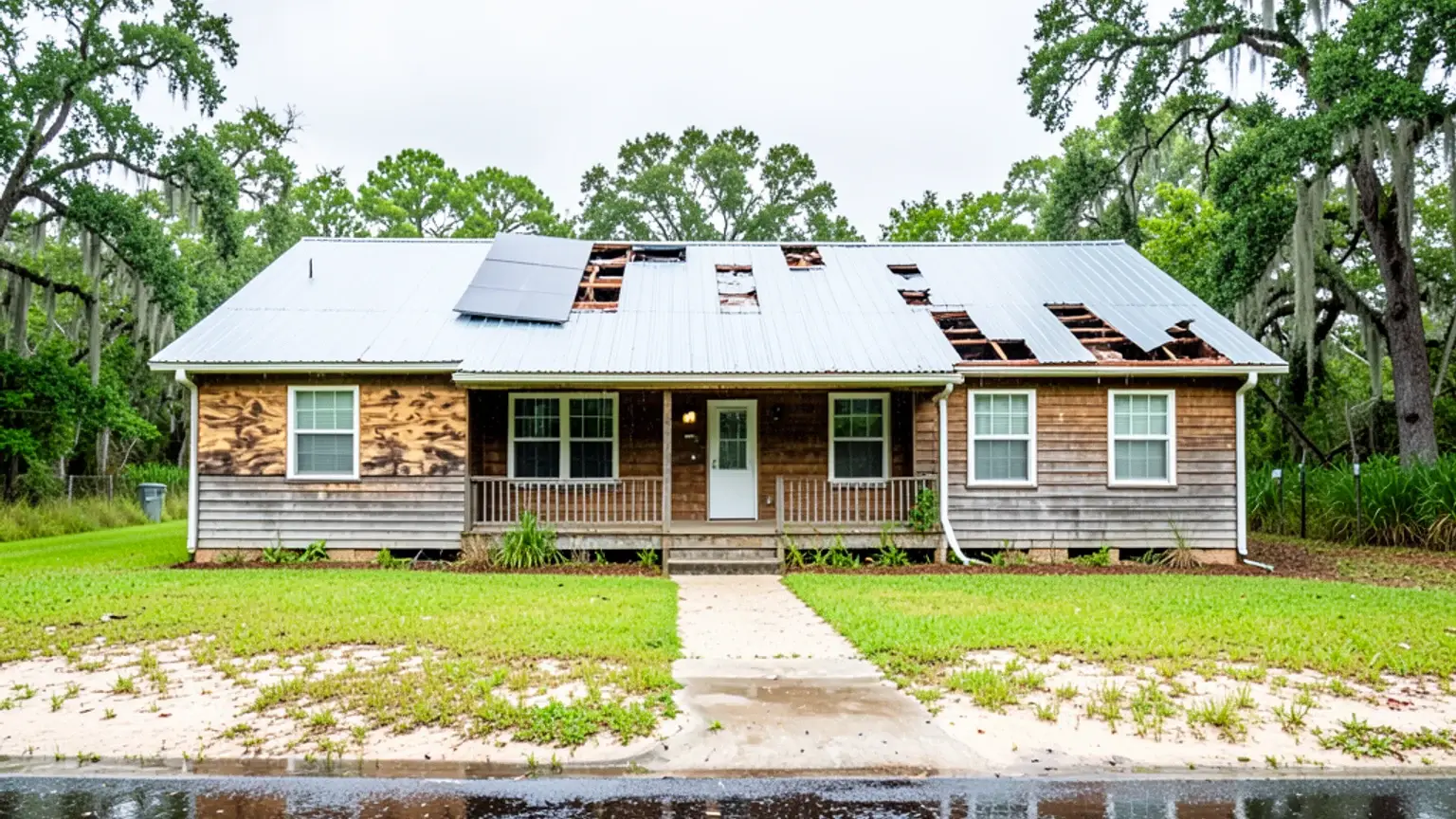 Severe wind and hurricane roof damage on a Florida home, exposed sheathing and torn metal panels.